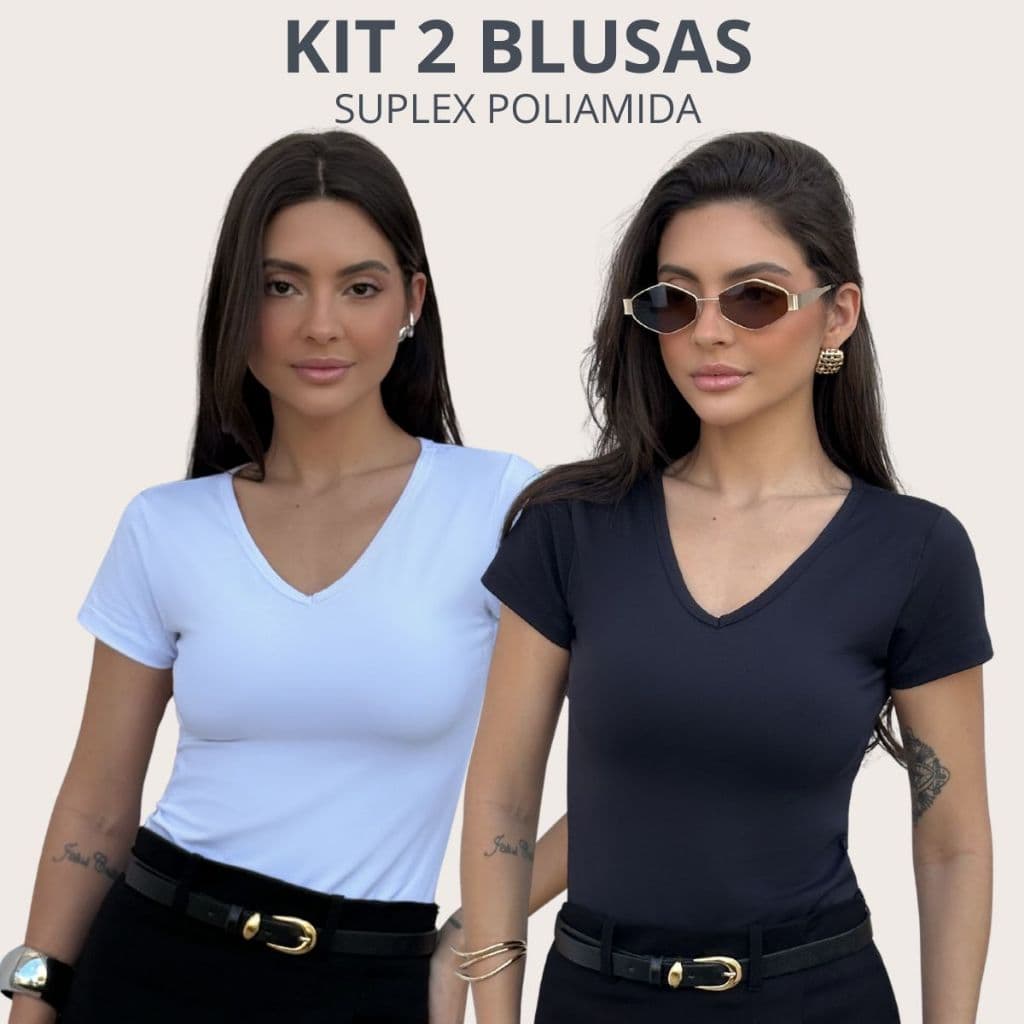 Kit 2 Blusa Decote V Suplex Slim Fit Manga Básica Confortável Baby Look