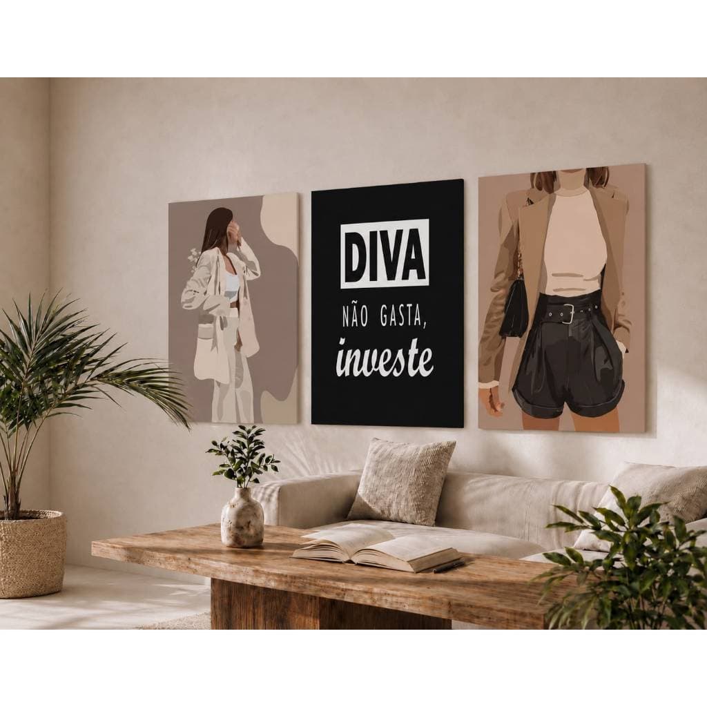 Quadro Decorativo 3 peças 40x60 Diva não Gasta Investe Moda Compras Roupas