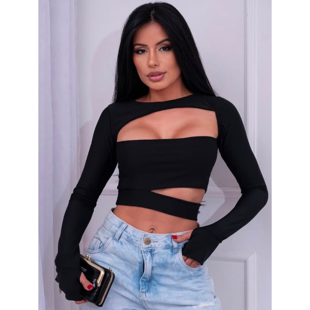 Cropped Manga Longa Inverno Decotado na Frente Colado Suplex - Moda Gringa Feminina