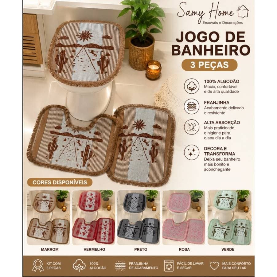 Jogo Tapete Para Banheiro 3 Peças Estampado –Kit Tapetes + Capa para Vaso | Envio Sortido