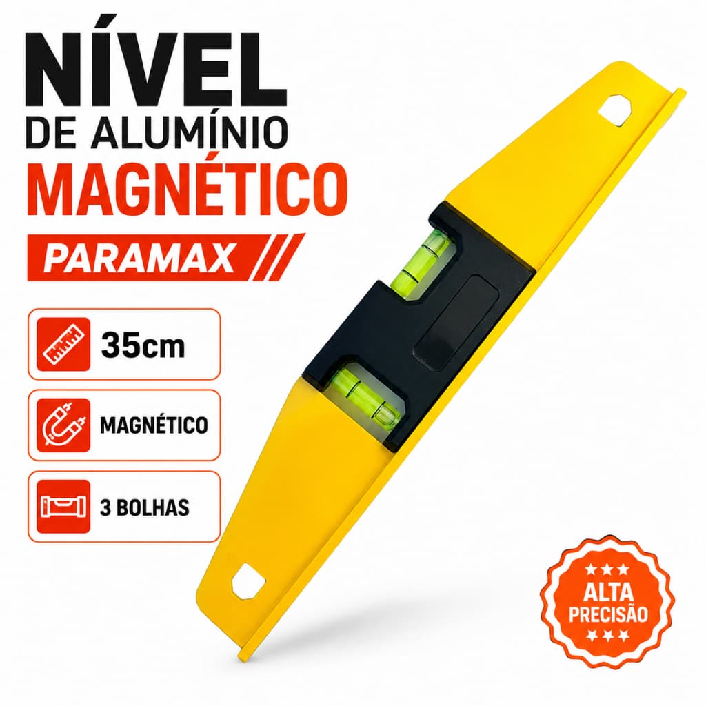 Nível De Alumínio Magnético Profissional 35cm Imantado 3 Bolhas Paramax