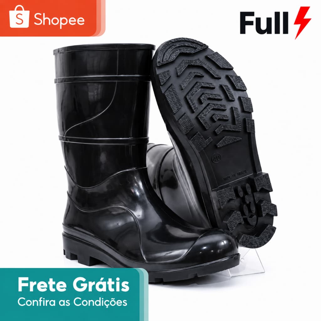 Bota Galocha Pvc Preta Resistente Cano Médio Chuva Antiderrapante Resistente Impermeável Borracha
