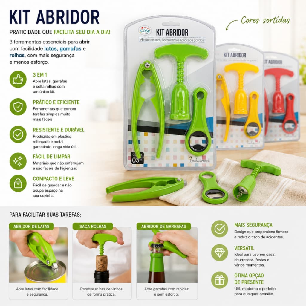 Kit Abridor 3 Peças – Saca-Rolhas, Abridor de Latas e Abridor de Garrafas Multiuso para Cozinha