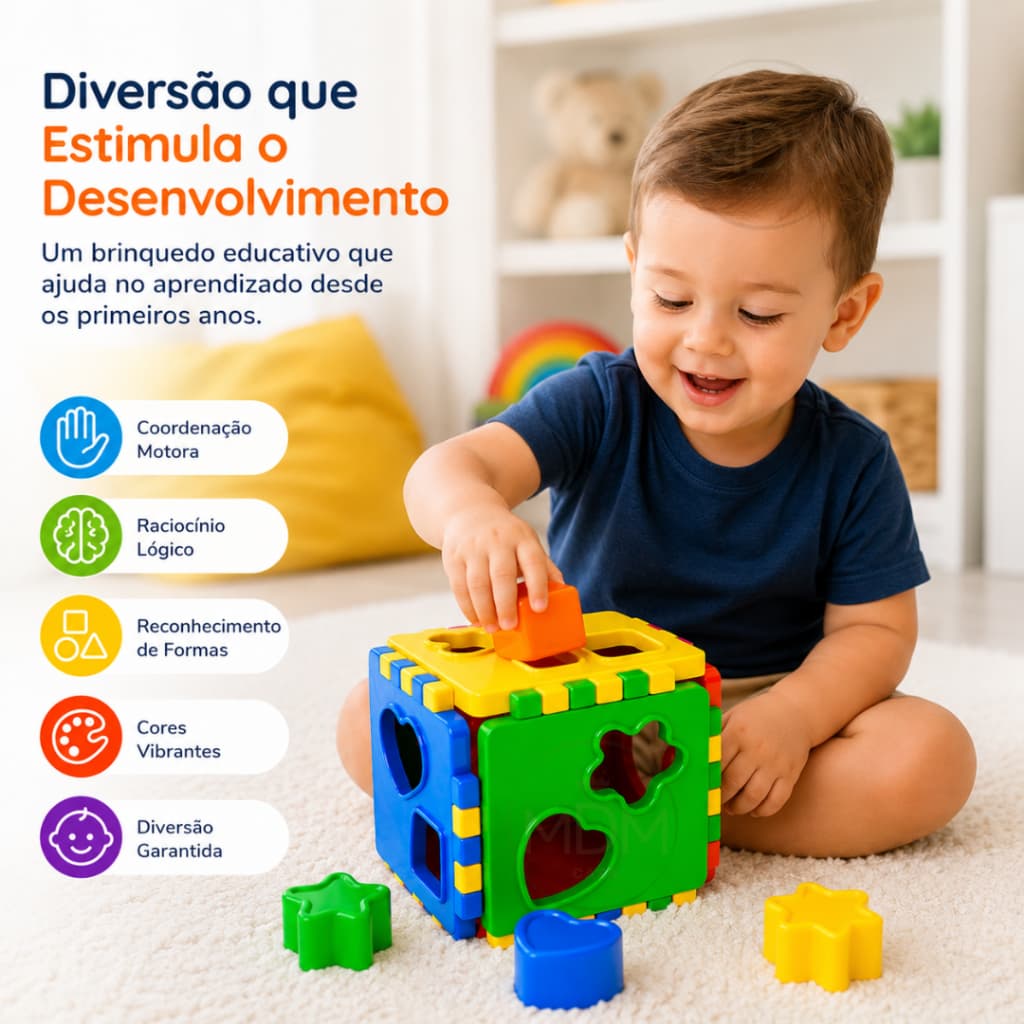 Cubo Didático Educativo Infantil Desenvolve Coordenação Motora Pedagógica Blocos de Encaixe