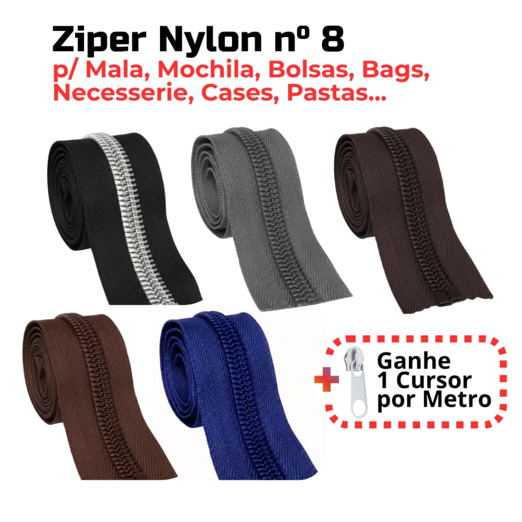 Ziper nº8 para Mala, Bolsa, Mochila, Bags, Necesserie, Case cor Preto, Marrom, Café e Cinza