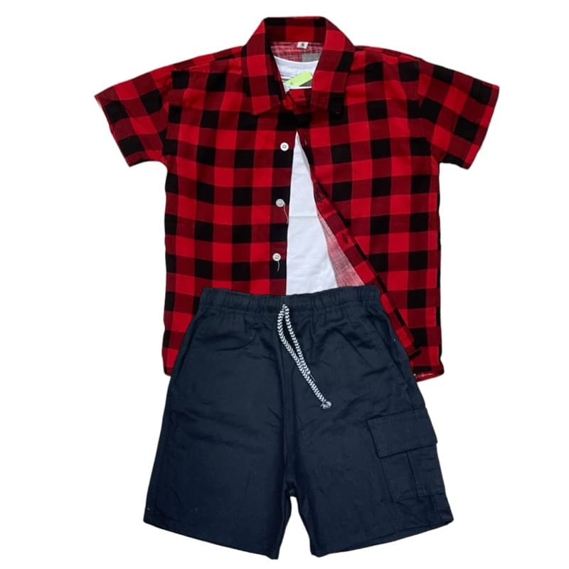 Conjunto menino infantil camisa social xadrez com bermuda cargo juvenil
