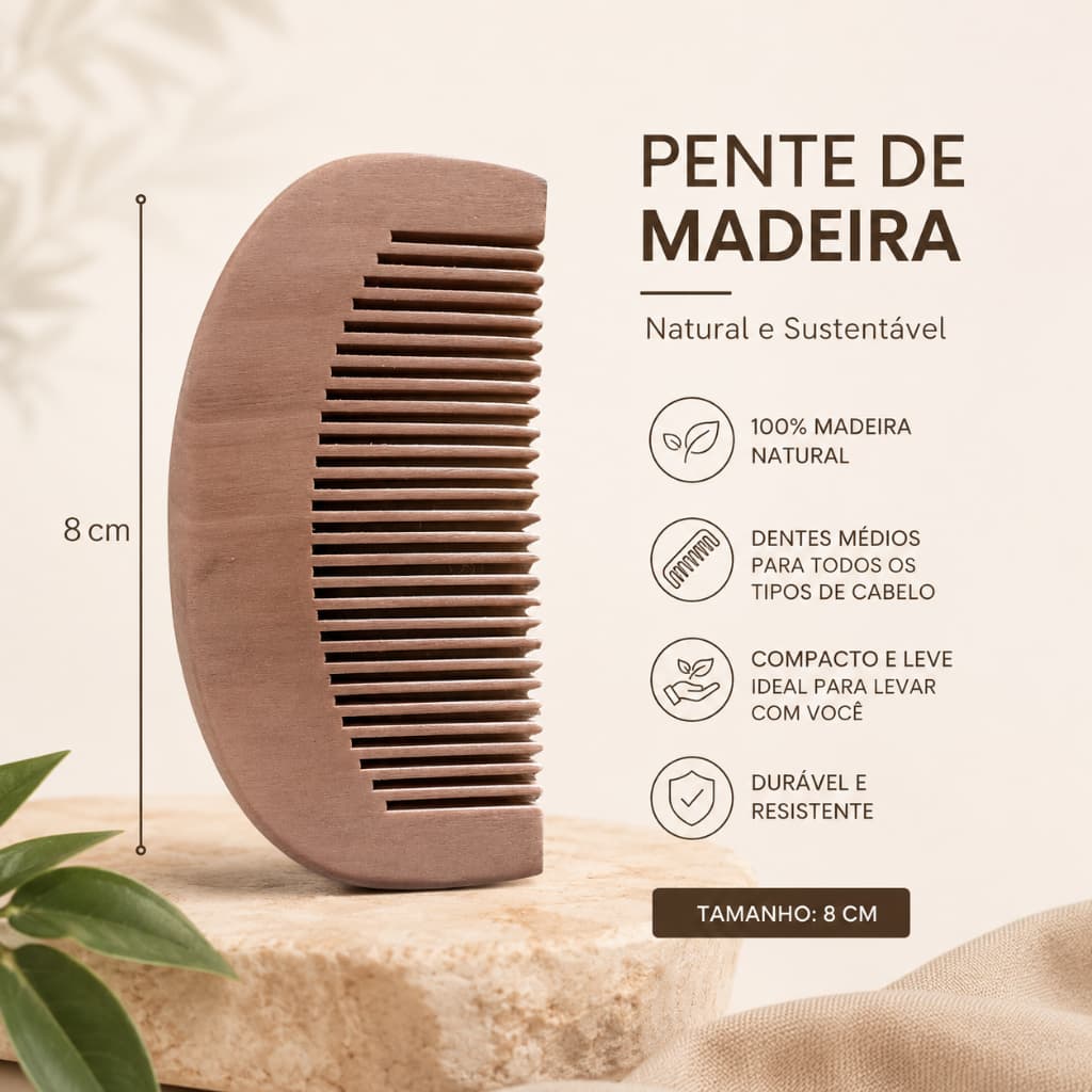 Pente de Madeira Antiestático Ideal para Cabelos e Barba Anti Frizz