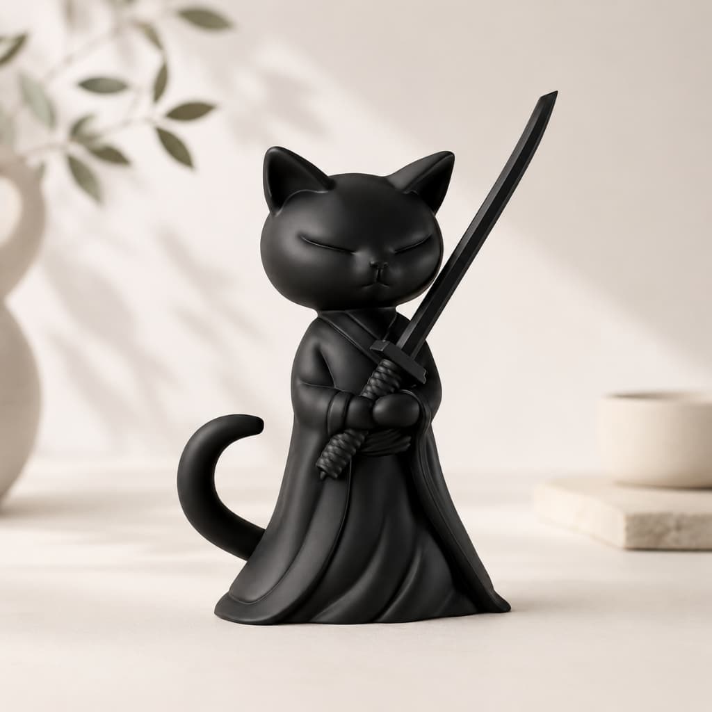 Gato Samurai Guerreiro Decorativo Colecionável Estilo Japonês Ninja Oriental Geek Presente Exclusivo