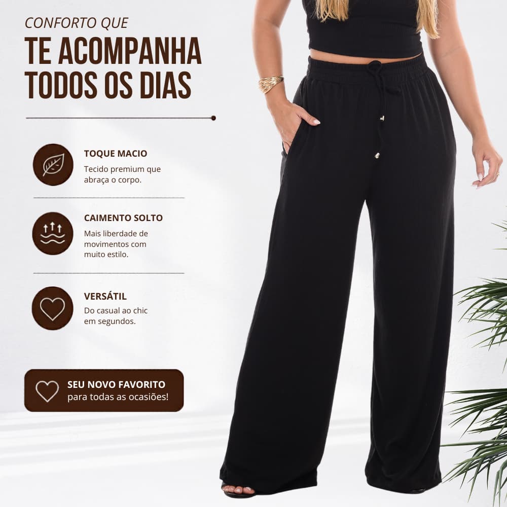 Calça Pantalona Feminina Canelada Com Bolso e Elástico e Cordão Cintura Alta