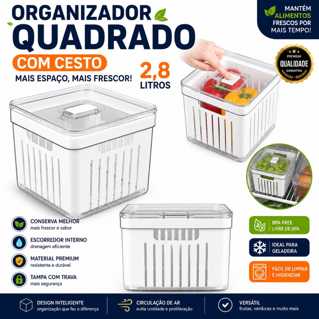 ORGANIZADOR DE GELADEIRA PLASTUTTI ELEGANCE ALTO QUADRADO COM CESTA 2,8L