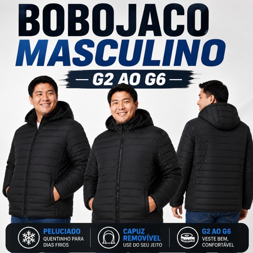 Jaqueta Puffer Plus Size Masculina Preta Peluciada Capuz Removível G2 ao G6