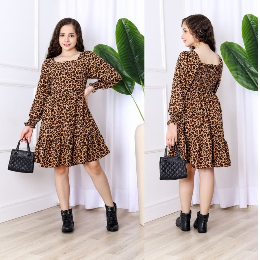 vestido curto de manga longo onça/infanti/juvenil/meninas