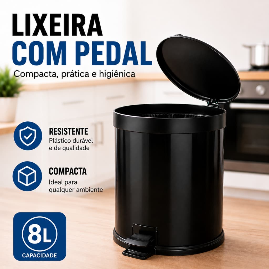 Lixeira com Pedal 8L Preta ou Branca Compacta para Banheiro Cozinha Escritório Resistente e Prática