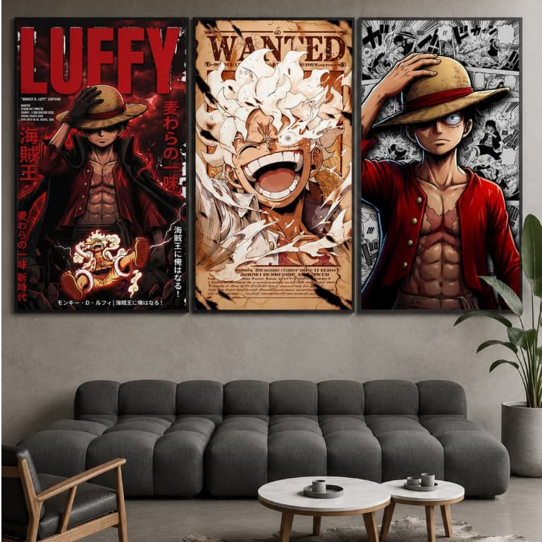 Kit Quadro Decorativo 3 Peças One Piece Anime Luffy Exclusivo Fã Sala Quarto