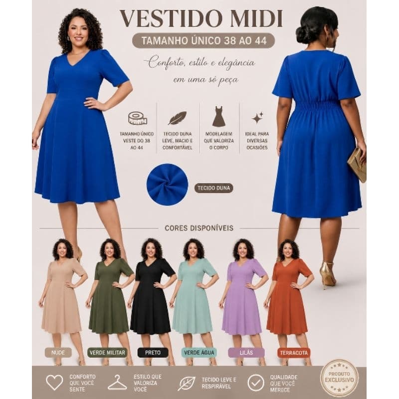 vestido femenina midi liso gola V forrado festa casual congresos moda verão outono