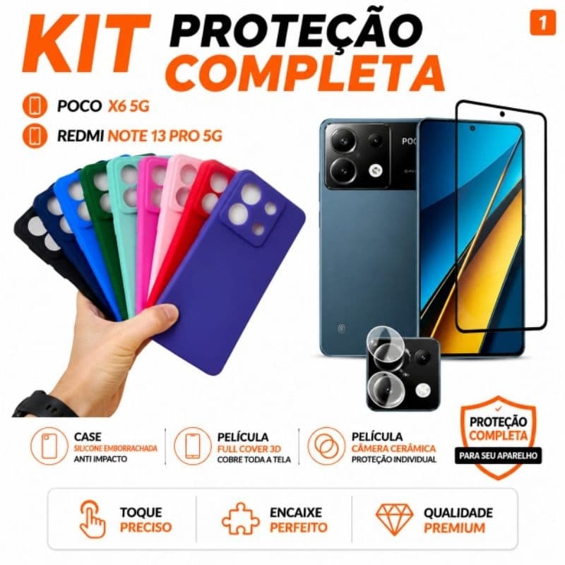 Kit Capas Redmi Note 13 Pro 5G/Poco X6 Case Silicone Emborracha Capinha + Películas Frontal 3D Vidro