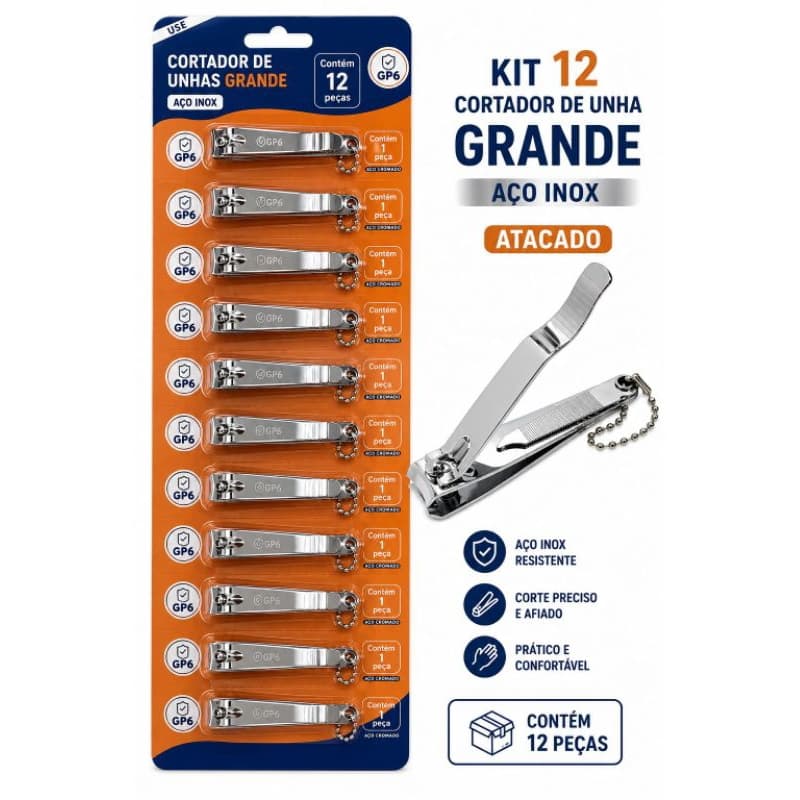 Kit 12 Cortadores de Unha Grande Aço Inox Profissional Resistente Atacado Revenda
