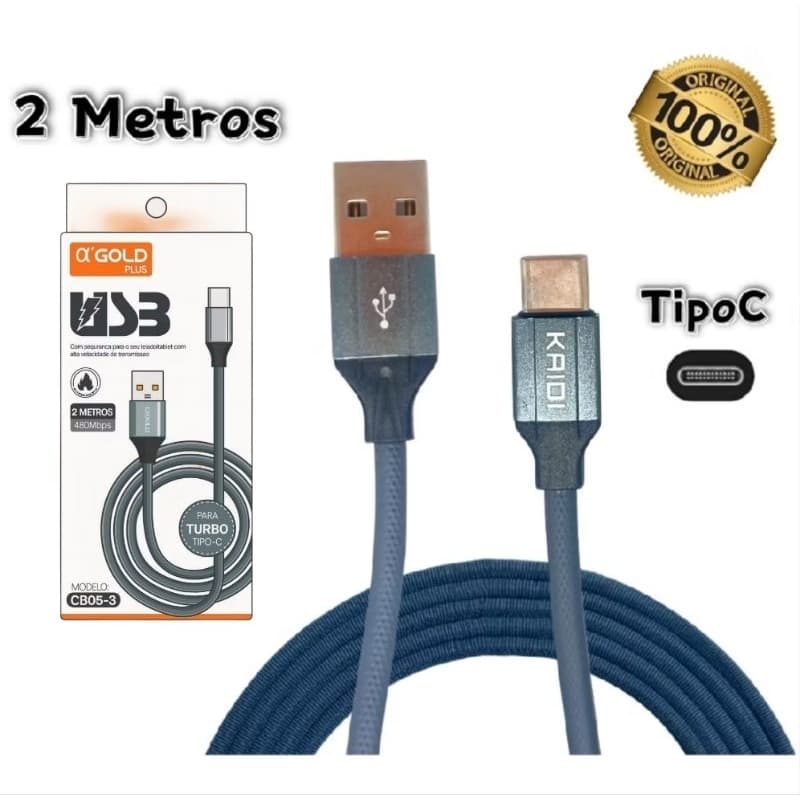 Cabo Kaidi Gold Tipo C com 2 Metros Resistente Emborrachado Turbo Rápido