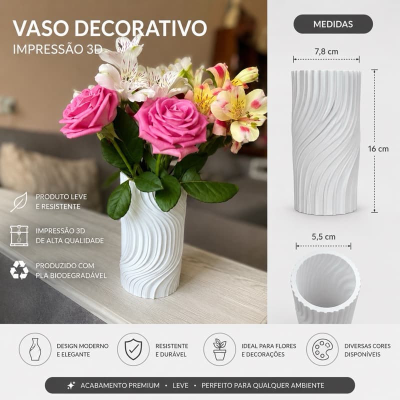 ✨ Vaso Decorativo Moderno 3D 16cm | Design Ondulado Elegante | Decoração para Sala, Quarto e Escritório