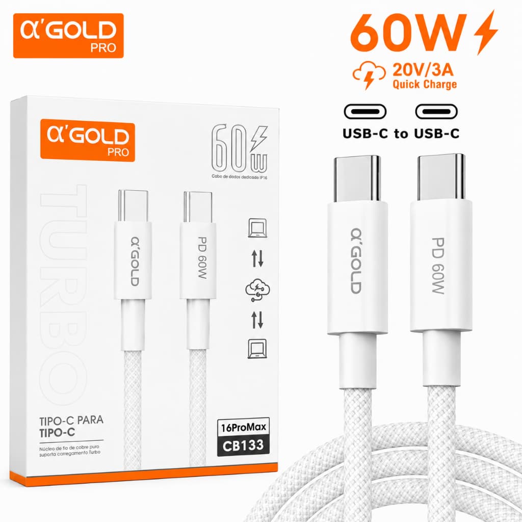 Cabo Tipo C- Tipo C Turbo 60W Carregamento super rápido original A’Gold Cabo PD Tipo c
