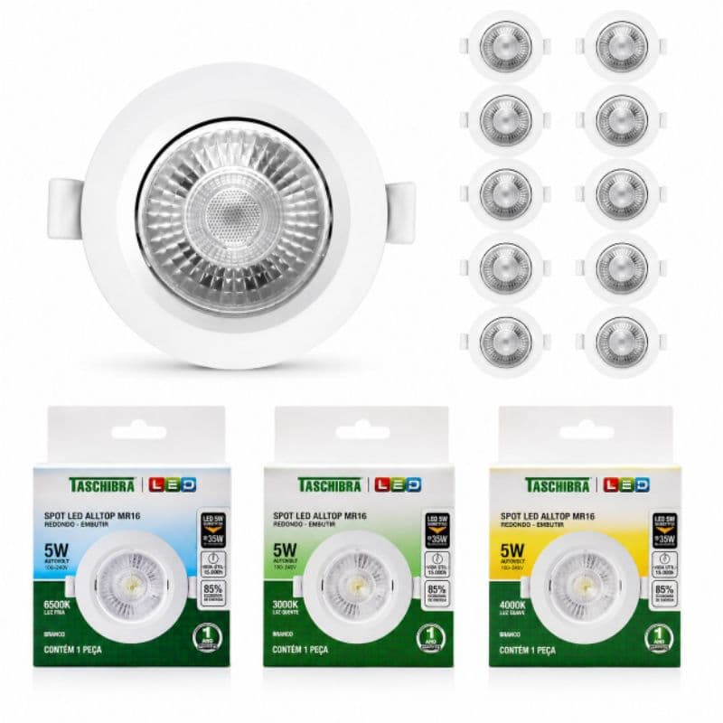 Kit 10 Spot LED Embutir Redondo Direcionável MR16 5W – Taschibra