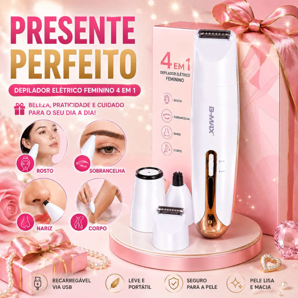 Kit Presente Feminino Depilador Elétrico 4 em 1 Recarregável USB para Cuidados Pessoais