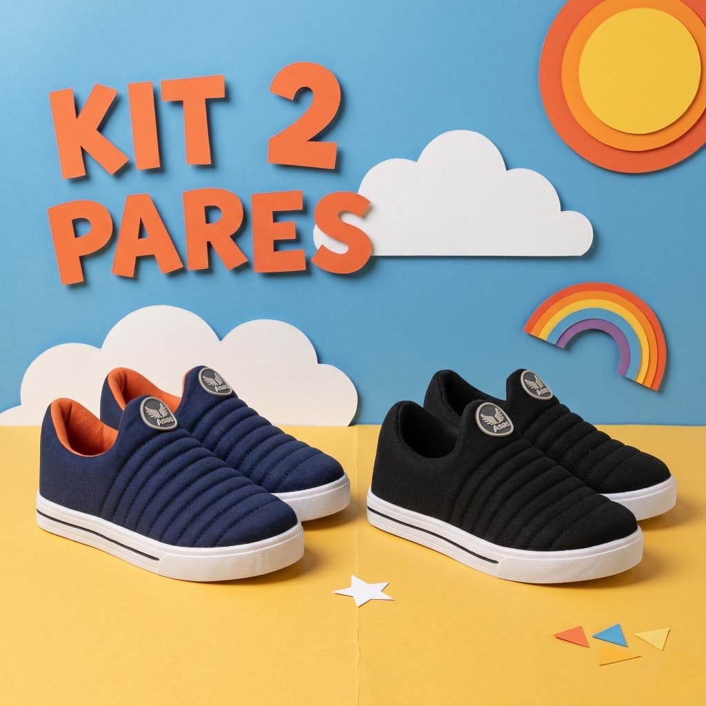 Kit Tenis Infantil Menino 02 Pares Fleca Calce Fácil Leve e Confortável Slip On Escola Festa