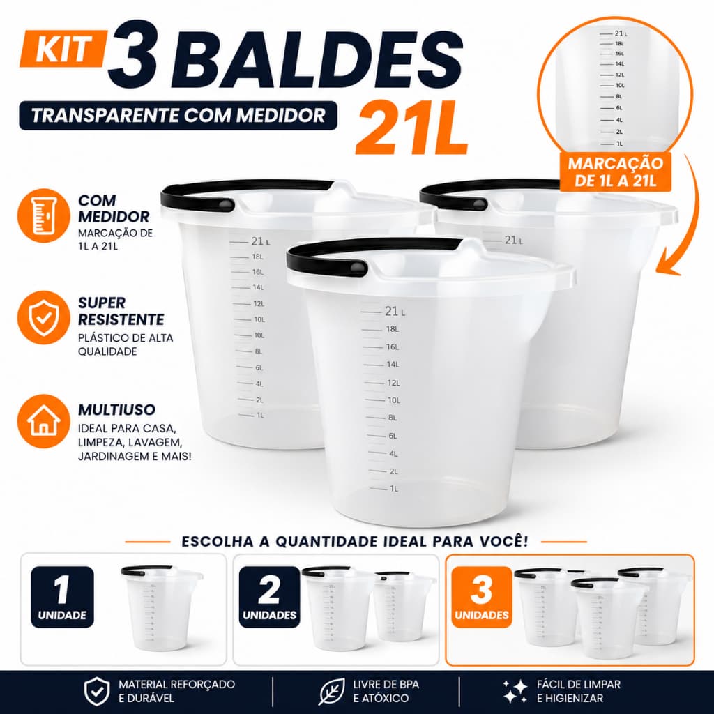 BALDE 21L TRANSPARENTE COM MEDIDOR GRADUADO PLÁSTICO REFORÇADO MULTIUSO