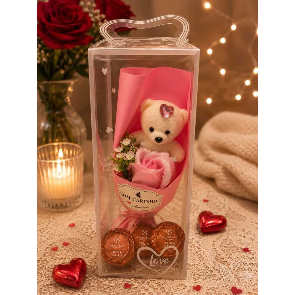 Kit Ursinho Pelúcia Te Amo + Rosa Eterna + 3 Trufas Chocolate Presente