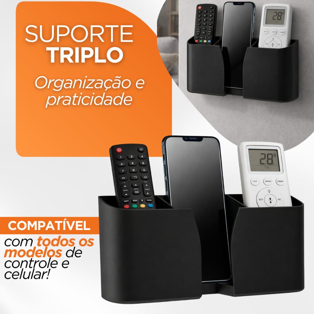 Suporte Triplo de Parede para Controle Remoto e Celular Organizador Auto Adesivo Porta Controles Sala Quarto TV Rack HD