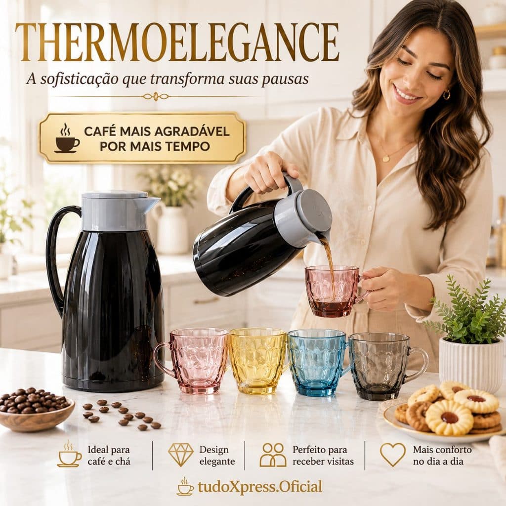 ☕ Kit Café Premium Garrafa Térmica 1L Preta + 4 Canecas Vidro Coloridas Promoção