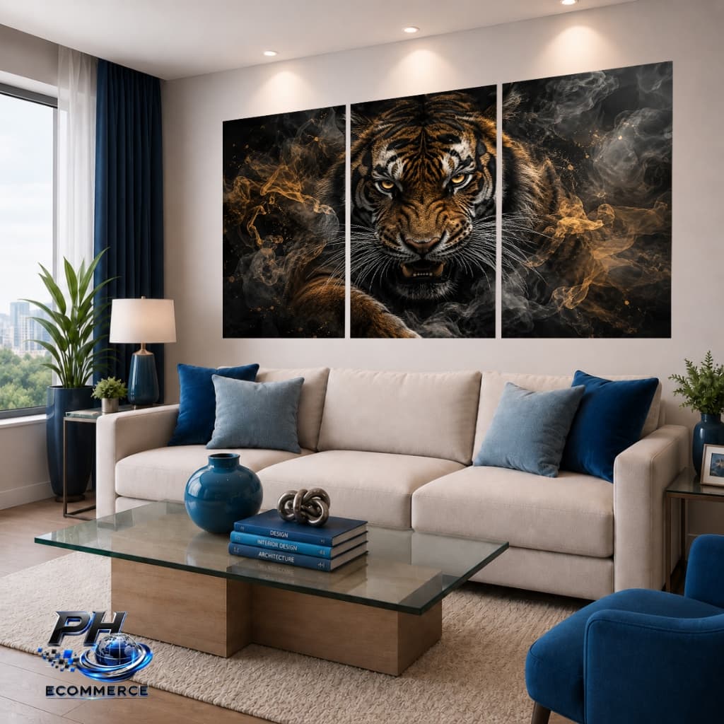 Quadro Decorativo 3 Peças Tigre Fumaça Dourado Luxo