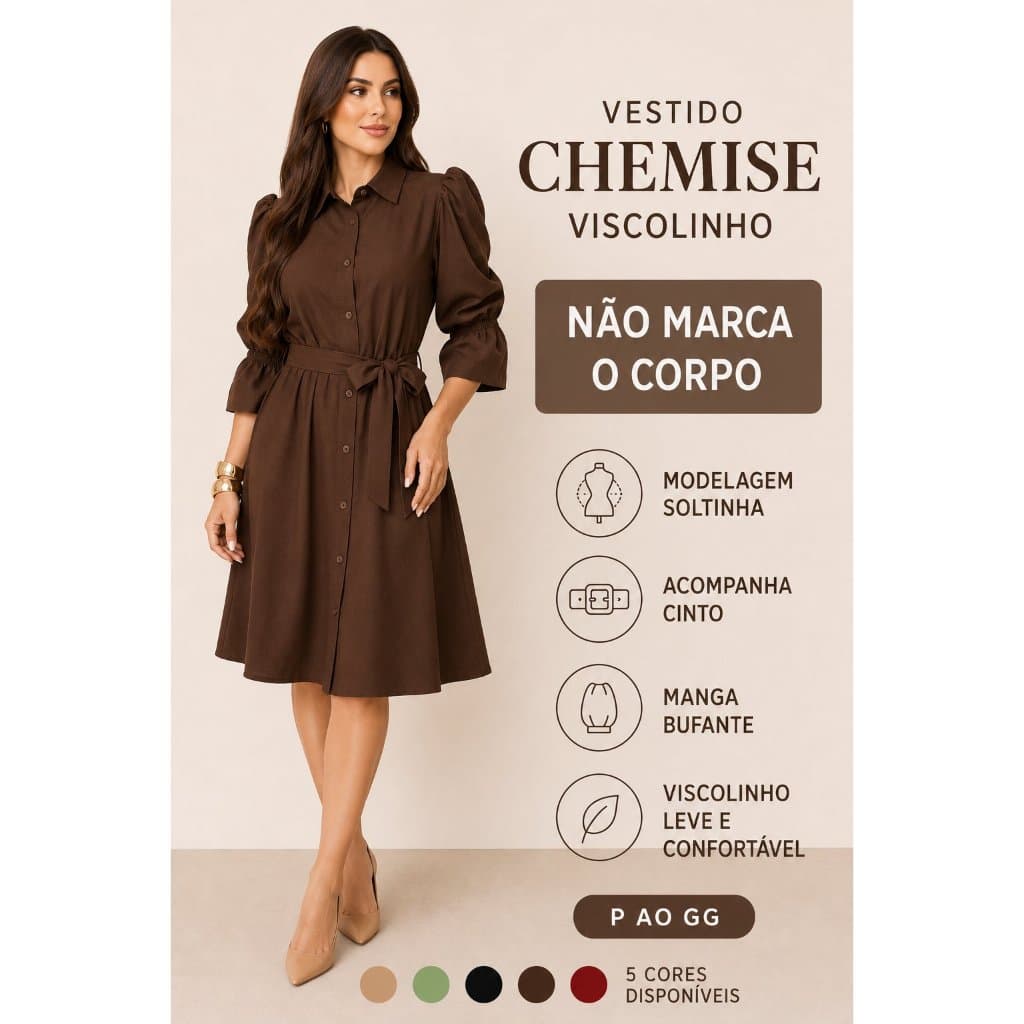 Vestido Chemise Feminino Midi Com Cinto Manga Bufante Elegante Casual P Ao GG