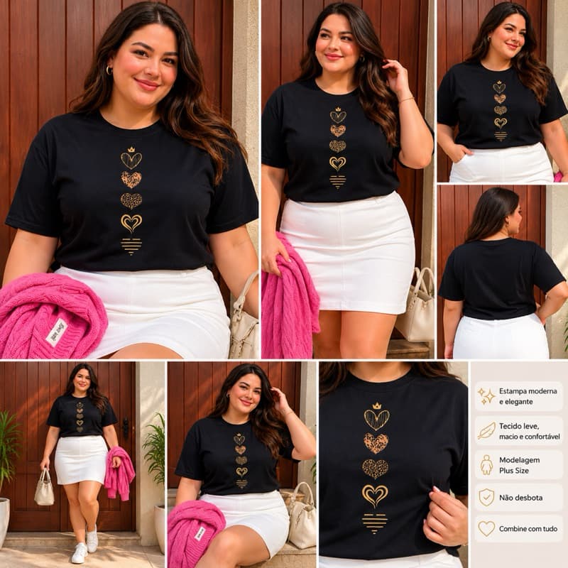 Camiseta Feminina Plus Size Preta Estampa Corações Dourados Manga Curta Casual Confortável ❤️🖤✨