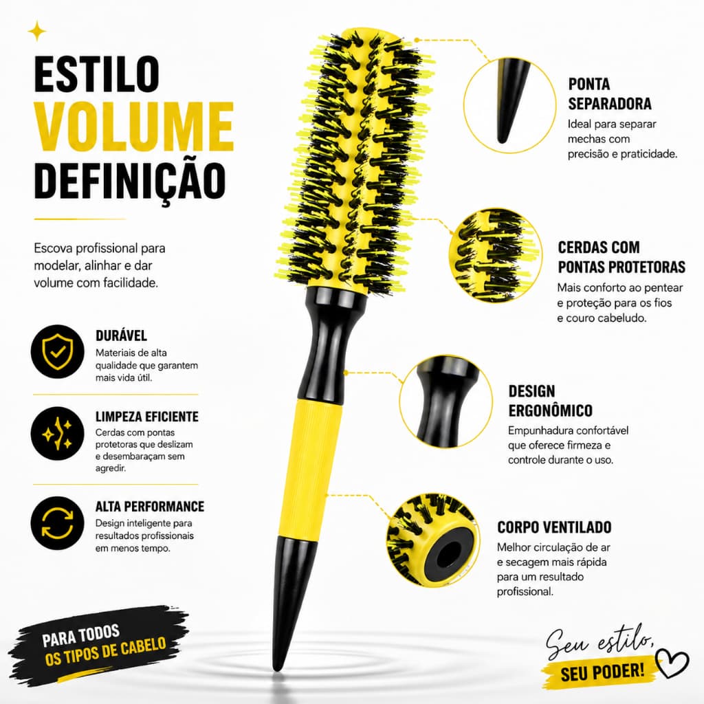 Escova De Cabelo Térmica Amarela Cerdas De Javali Mista Madeira