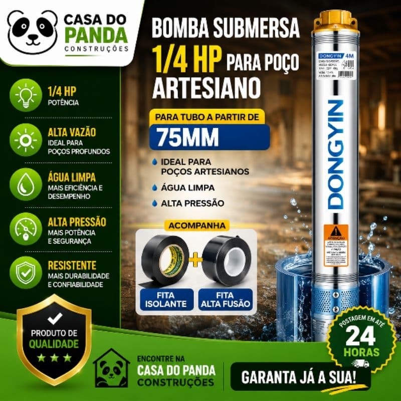 Bomba Submersa Caneta Palito 1/4 HP Para Poço Artesiano Tubo 75mm 127v Até 30 Metros, Água Limpa