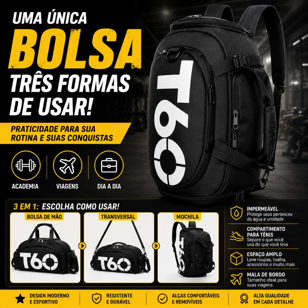 Bolsa Esportiva Multifuncional Impermeável 3 em 1 Academia Viagem Compartimento para Tênis