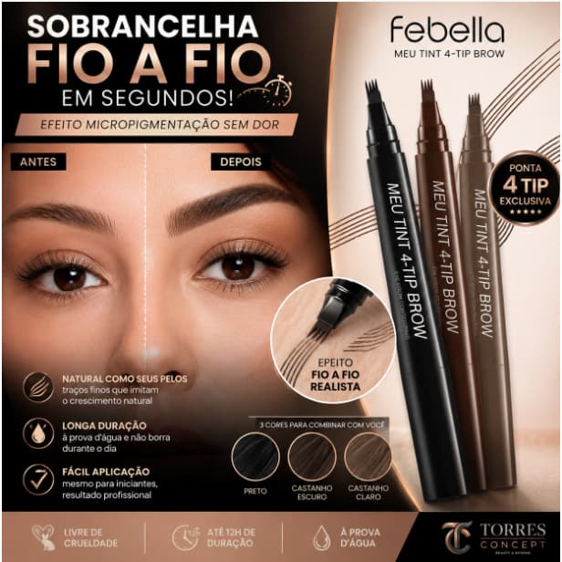 Caneta Fio a Fio Sobrancelha Febella Tint 4 Tip Brow Efeito Microbeading Delineador Tebori Realista