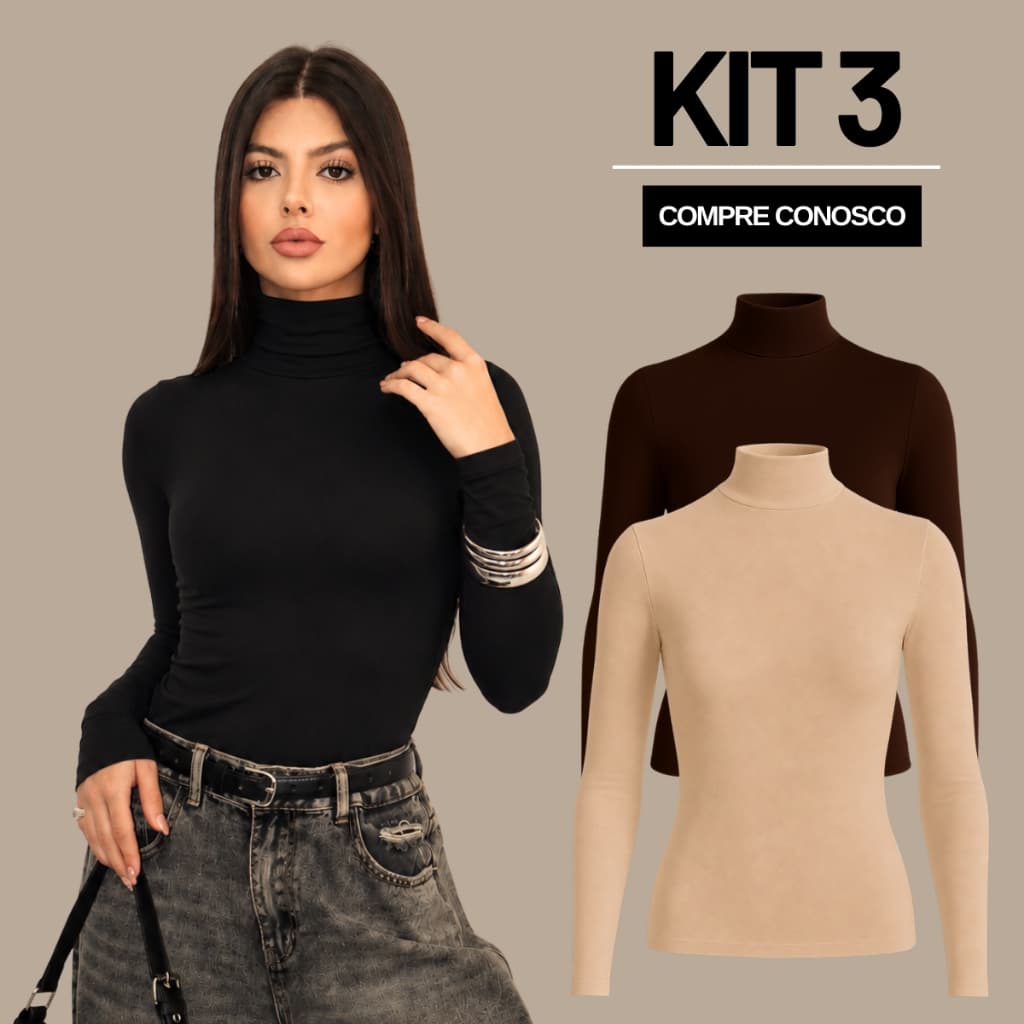 KIT 3 Manga Longa Cacharrel Feminina Gola Alta Segunda Pele Estilosa Casual Suplex Inverno
