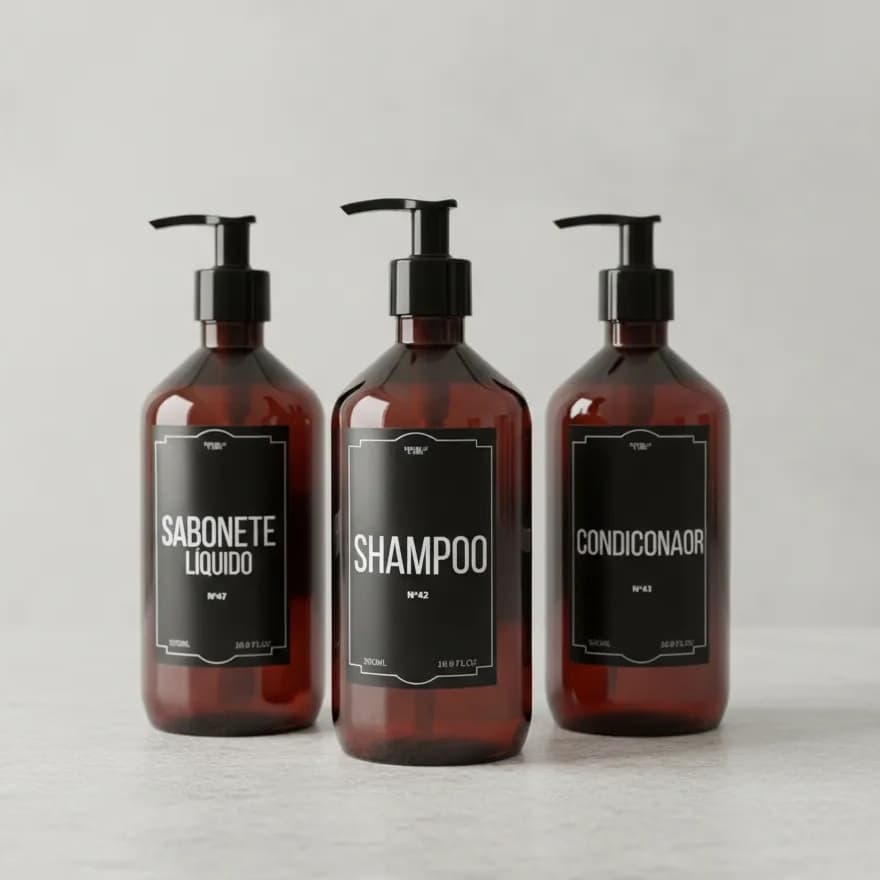 Kit Banho Frasco Âmbar Pet 3pçs  Shampoo Condicionador e Sabonete líquido Dispenser 500ml