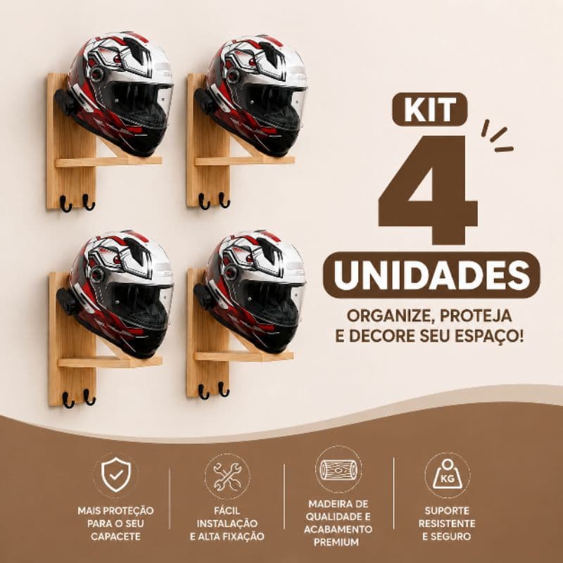 KIT 4 suporte para capacete com espaço para luvas, ganchos para chave e jaqueta. em madeira pinus. SEM PERSONALIZAÇÃO