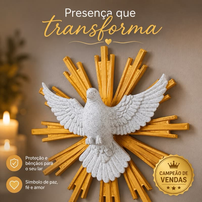 Divino Espírito Santo 24cm Decorativo Porta Parede Cristão Grande Branco Marmorizado e Dourado