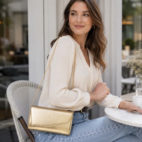 Bolsa Feminina Clutch Festa Metalizada Dourada Carteira Social Corrente Alça Longa Elegante