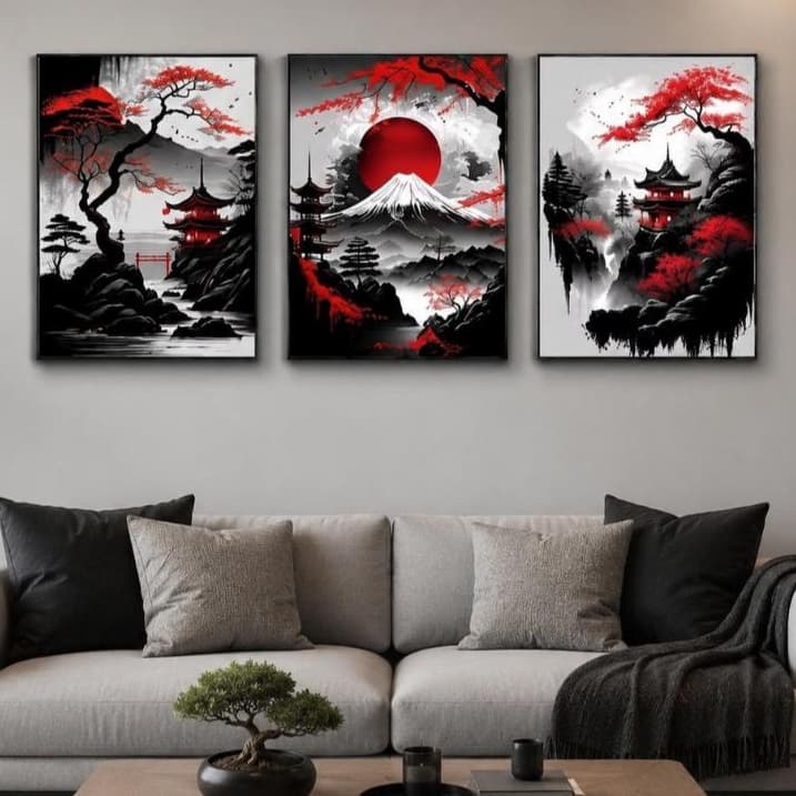 Quadro Decorativo 3 Peças Paisagem Natural Japonesa Preto e Vermelho Hall Sala