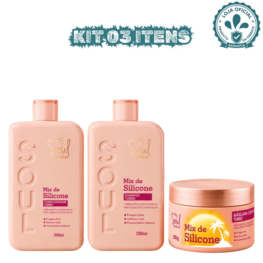 Kit Capilar 3 Itens Mix de Silicone Shampoo Condicionador Máscara Turbo Brilho e Maciez Soul