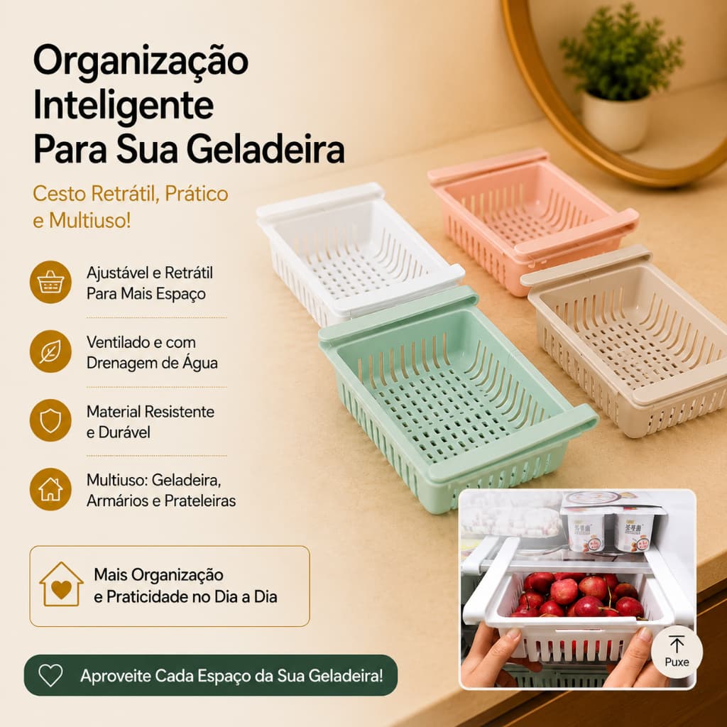 Kit 4 Peças Cesto Organizador De Geladeira Gaveta Retrátil Ajustável Multiuso " Envio Imediato "