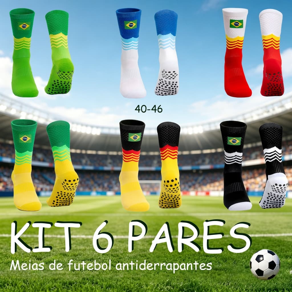 Kit 6 Meia de Futebol Antiderrapante Cano Alto Esportiva Academia Corrida Jcolour Confortável,40-46