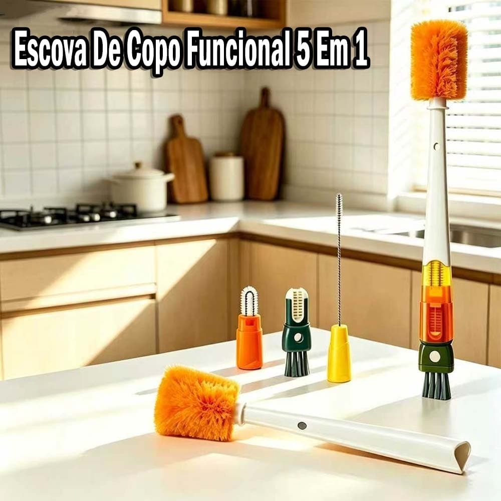 Escova de Limpeza 5 em 1 para Copos Garrafas Canudos Escova Multiuso para Copo Squeeze Mamadeira