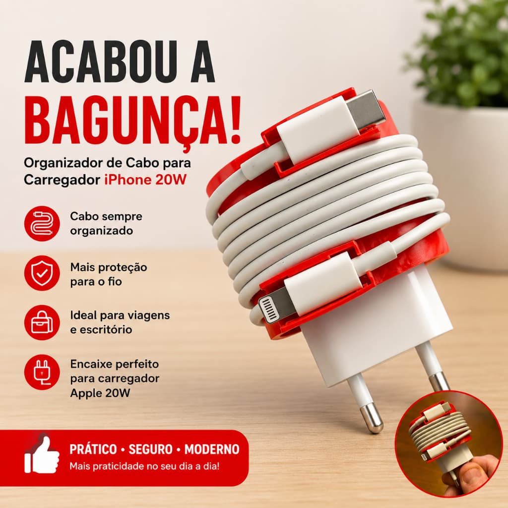 Suporte Organizador para Carregador iPhone 20W Apple Iphone | Cabo Sempre Organizado e Protegido