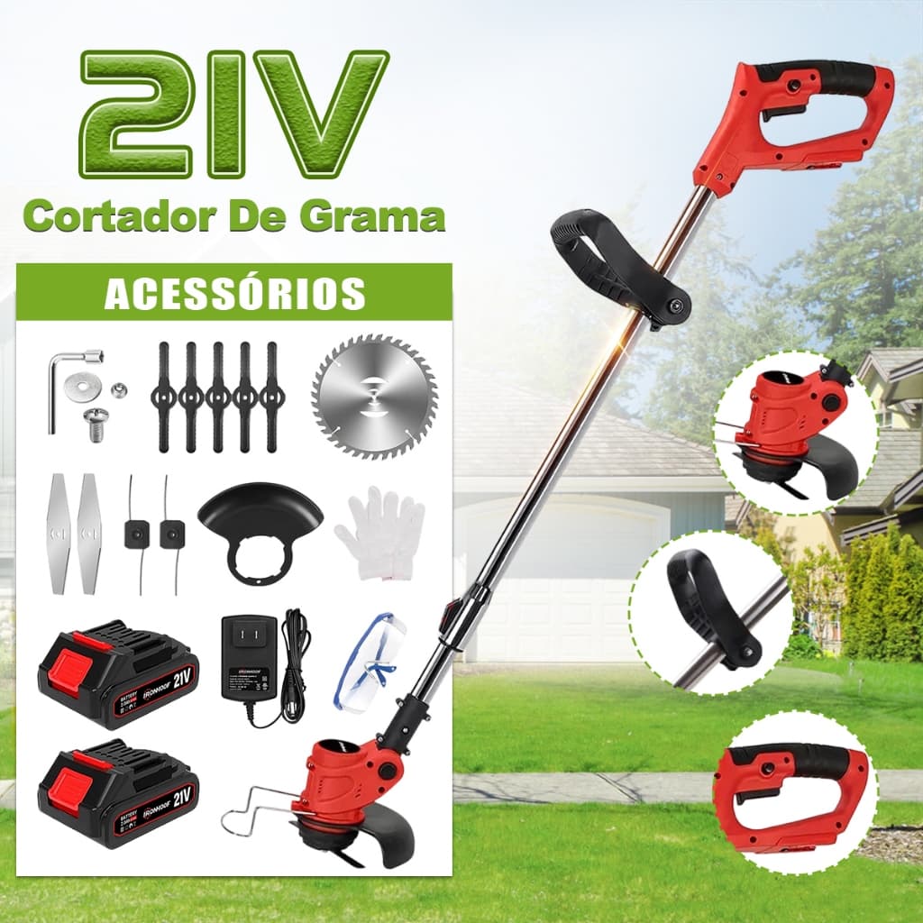 Aparador Roçadeira Cortador De Grama Eletrico Recarregável Com 2 Baterias